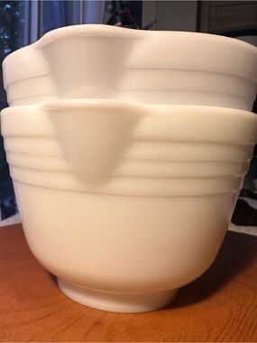 Pair of Milk Glass Bowls PYREX for Hamilton Beach Mixing Bowl Bases 1940-50.